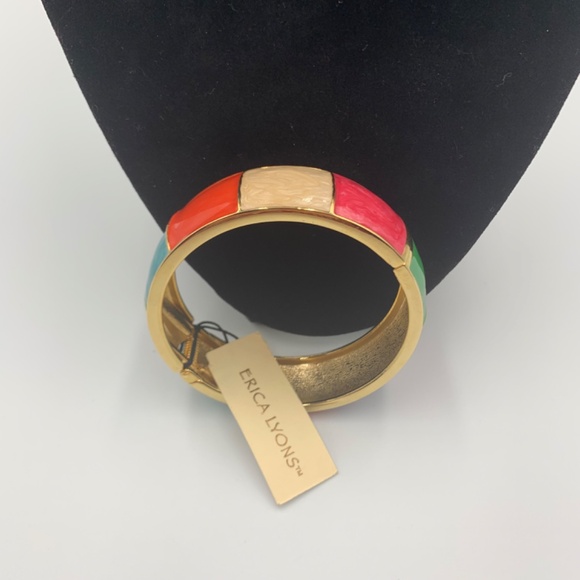 Erica Lyons Enamel Gold Tone Costume Hinged Bangle Bracelet Boho 80’s teal red - Picture 3 of 13